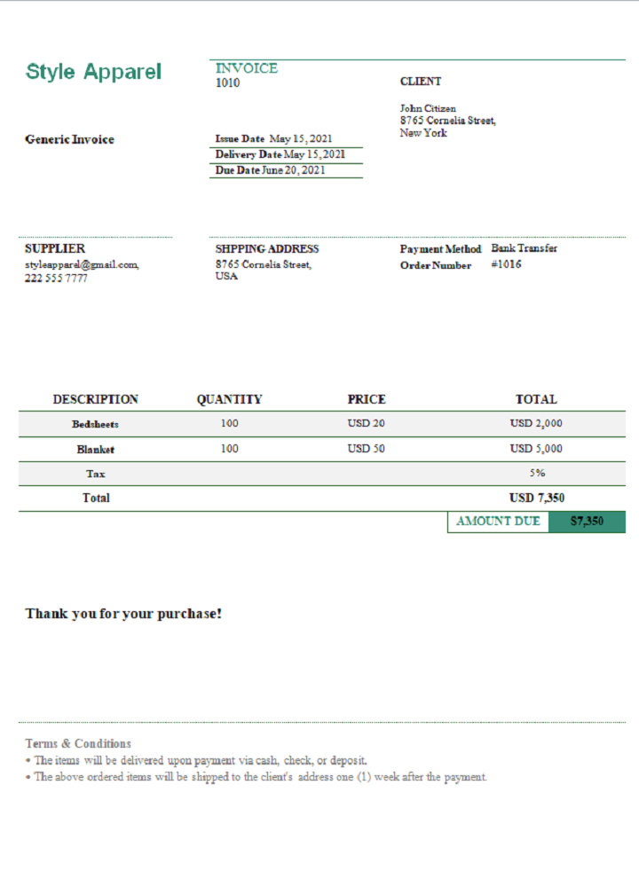 USA Style Apparel invoice PSD template